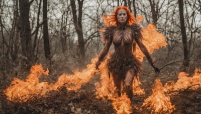 1girl,solo,long hair,breasts,looking at viewer,dress,holding,cleavage,medium breasts,standing,weapon,red hair,outdoors,teeth,orange hair,black dress,tree,fire,nature,forest,bare tree,burning,gloves,black gloves,facial mark,skull,bone