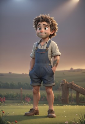 solo,looking at viewer,smile,short hair,brown hair,shirt,1boy,brown eyes,standing,full body,white shirt,flower,short sleeves,male focus,outdoors,shoes,shorts,collared shirt,blurry,tattoo,facial hair,brown footwear,thick eyebrows,grass,messy hair,child,freckles,curly hair,hands in pockets,fence,overalls,arm tattoo,male child,field,wooden fence,overall shorts,green eyes,sandals,denim,sunset,hand in pocket,sun