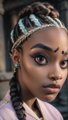 1girl,solo,long hair,looking at viewer,brown hair,black hair,brown eyes,jewelry,blue hair,braid,multicolored hair,earrings,parted lips,dark skin,necklace,blurry,two-tone hair,dark-skinned female,lips,streaked hair,eyelashes,makeup,blurry background,facial mark,thick eyebrows,portrait,close-up,forehead,eyeshadow,realistic,nose,very dark skin,multiple braids,hair ornament,closed mouth,artist name,aqua hair