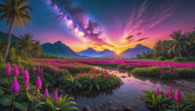 flower, outdoors, sky, cloud, water, tree, no humans, night, grass, plant, star (sky), nature, scenery, starry sky, sunset, mountain, palm tree, landscape, mountainous horizon