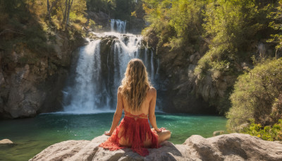 1girl, solo, long hair, blonde hair, brown hair, dress, bare shoulders, sitting, outdoors, day, water, from behind, tree, back, red dress, nature, scenery, realistic, facing away, river, waterfall