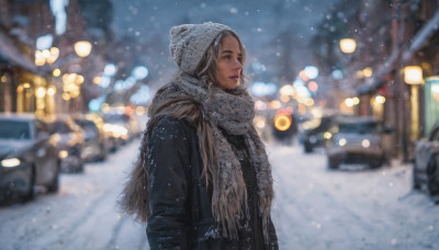 1girl, solo, long hair, brown hair, hat, upper body, outdoors, scarf, blurry, coat, night, depth of field, blurry background, ground vehicle, motor vehicle, snow, snowing, realistic, beanie, winter clothes, car, winter, winter coat