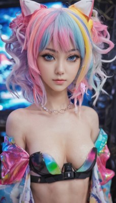 1girl,solo,breasts,looking at viewer,short hair,bangs,blue eyes,blonde hair,hair ornament,animal ears,cleavage,bare shoulders,jewelry,medium breasts,closed mouth,blue hair,collarbone,jacket,upper body,pink hair,multicolored hair,earrings,small breasts,open clothes,shiny,belt,cat ears,necklace,off shoulder,bra,blurry,two-tone hair,lips,streaked hair,eyelashes,strapless,gradient hair,makeup,blurry background,fake animal ears,breasts apart,eyeshadow,pink lips,realistic,nose,pearl necklace,bustier,mascara,swimsuit,bikini,detached sleeves