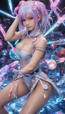 1girl,solo,long hair,breasts,looking at viewer,bangs,large breasts,hair ornament,gloves,cleavage,bare shoulders,twintails,brown eyes,jewelry,medium breasts,underwear,blue hair,swimsuit,pink hair,multicolored hair,earrings,belt,two-tone hair,lips,strap slip,science fiction,realistic,short hair,purple hair,thighs,nail polish,leotard,watermark,hand on own head,planet,orb,floating object