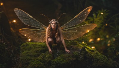 1girl,solo,long hair,breasts,looking at viewer,blonde hair,brown hair,brown eyes,flower,nude,outdoors,wings,barefoot,blurry,lips,squatting,bug,plant,monster girl,nature,forest,realistic,antennae,fairy wings,fairy,butterfly wings,moss,insect wings,blue eyes,hair ornament,hair flower,depth of field,leaf,grass,dark