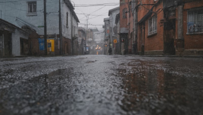 outdoors, sky, no humans, window, building, scenery, snow, snowing, city, sign, road, winter, power lines, street, utility pole, grey sky