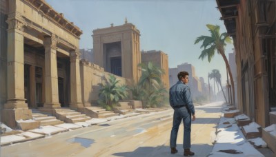 solo,looking at viewer,short hair,brown hair,black hair,long sleeves,1boy,hat,standing,jacket,male focus,outdoors,sky,day,belt,looking back,pants,from behind,uniform,tree,blue sky,shadow,facial hair,denim,blue jacket,building,scenery,jeans,city,palm tree,blue pants,police,police uniform,shirt,boots,shoes,brown footwear,plant,realistic,denim jacket