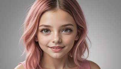 1girl,solo,long hair,looking at viewer,smile,simple background,brown eyes,jewelry,closed mouth,pink hair,earrings,medium hair,grey background,lips,eyelashes,makeup,portrait,forehead,freckles,realistic,brown hair,green eyes,parted lips,teeth,tank top,close-up