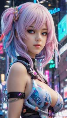 1girl,solo,breasts,looking at viewer,short hair,bangs,blue eyes,hair ornament,cleavage,bare shoulders,medium breasts,closed mouth,blue hair,upper body,pink hair,ahoge,multicolored hair,outdoors,artist name,medium hair,blurry,two-tone hair,aqua eyes,lips,makeup,blurry background,one side up,watermark,science fiction,pink lips,realistic,nose,long hair,sidelocks,parted lips,armor,side ponytail,from side,looking to the side,eyelashes,night,depth of field,turtleneck,chain,looking away,cleavage cutout,antenna hair,building,armlet,city,arm strap,mascara,neon lights