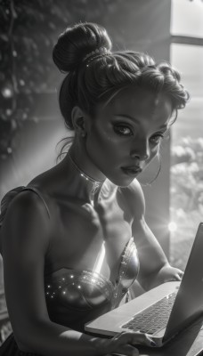 1girl,solo,long hair,breasts,looking at viewer,hair ornament,dress,cleavage,bare shoulders,jewelry,sitting,collarbone,monochrome,upper body,greyscale,earrings,small breasts,parted lips,choker,artist name,indoors,signature,dark skin,hair bun,blurry,dark-skinned female,lips,eyelashes,strapless,double bun,blurry background,single hair bun,forehead,lens flare,realistic,nose,computer,hair pulled back,laptop,medium breasts,nail polish,mole,fingernails,makeup,watermark,web address