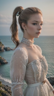 1girl,solo,long hair,breasts,looking at viewer,blue eyes,brown hair,hair ornament,long sleeves,dress,cleavage,jewelry,closed mouth,upper body,ponytail,earrings,small breasts,outdoors,sky,choker,day,belt,water,white dress,blurry,lips,see-through,depth of field,blurry background,ocean,beach,freckles,rock,realistic,nose,white choker,hair pulled back,brown eyes,medium breasts,collarbone,parted lips,high ponytail,backlighting