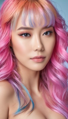 1girl,solo,long hair,breasts,looking at viewer,bangs,cleavage,brown eyes,medium breasts,closed mouth,blue hair,collarbone,upper body,pink hair,nude,multicolored hair,black eyes,two-tone hair,lips,eyelashes,gradient hair,makeup,portrait,eyeshadow,realistic,nose,large breasts,simple background,blue background,close-up