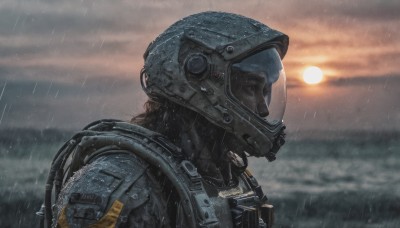 solo,1boy,upper body,male focus,outdoors,sky,cloud,water,armor,blurry,from side,wet,military,profile,ocean,helmet,cloudy sky,robot,1other,science fiction,rain,realistic,sun,power armor,brown hair,signature,blurry background,portrait,sunset,horizon