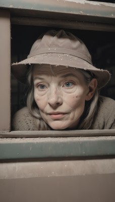 1girl,solo,looking at viewer,blue eyes,hat,closed mouth,grey hair,artist name,lips,grey eyes,window,portrait,freckles,rain,realistic,old,old woman,from outside,jewelry,earrings,mole,mole under eye,water drop