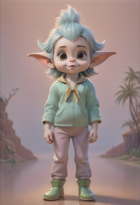 1girl,solo,looking at viewer,smile,short hair,1boy,brown eyes,blue hair,standing,jacket,full body,boots,parted lips,pointy ears,pants,artist name,hood,blurry,blurry background,child,furry,forehead,green footwear,topknot,web address