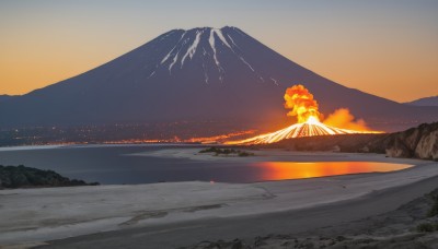 outdoors,sky,cloud,water,no humans,ocean,fire,scenery,sunset,mountain,sand,horizon,road,explosion,river,landscape,mountainous horizon,shore,orange sky,molten rock,tree,nature,mount fuji