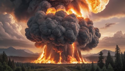 outdoors,sky,day,cloud,tree,no humans,cloudy sky,grass,fire,nature,scenery,forest,smoke,mountain,explosion,landscape,burning,molten rock