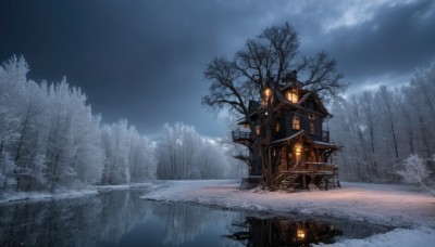 outdoors,sky,cloud,tree,no humans,night,cloudy sky,building,nature,night sky,scenery,snow,forest,lantern,snowing,mountain,architecture,house,winter,east asian architecture,bare tree,fog,pine tree,water,window,reflection,fantasy,tower,landscape,path,chimney