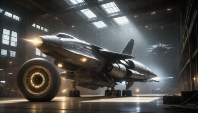 HQ,indoors,signature,military,no humans,window,sunlight,robot,mecha,machinery,flying,science fiction,light rays,realistic,aircraft,military vehicle,airplane,light,vehicle focus,spacecraft,lights,jet,fighter jet,thrusters,ground vehicle,scenery,reflection,missile