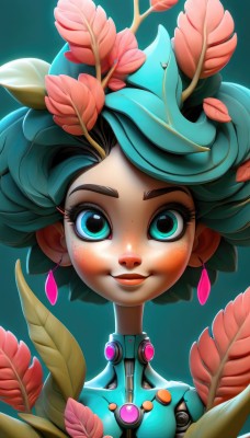 1girl,solo,looking at viewer,smile,short hair,open mouth,blue eyes,simple background,hair ornament,jewelry,upper body,flower,earrings,parted lips,green hair,artist name,hair flower,aqua eyes,lips,eyelashes,aqua hair,bodysuit,makeup,leaf,plant,portrait,freckles,green background,cyborg,aqua background,green eyes,petals,watermark,web address,zipper