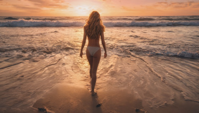 1girl, solo, long hair, brown hair, standing, swimsuit, ass, bikini, outdoors, sky, barefoot, cloud, water, from behind, dutch angle, ocean, back, white bikini, beach, topless, scenery, wading, walking, sunset, sand, arms at sides, horizon, facing away, waves, footprints