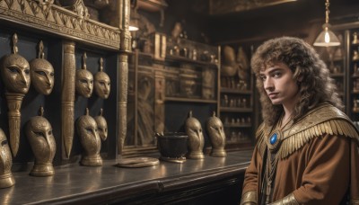 1girl,solo,long hair,looking at viewer,brown hair,1boy,brown eyes,jewelry,upper body,male focus,indoors,necklace,blurry,lips,mask,table,curly hair,robe,realistic,statue,bar (place),counter,blue eyes,long sleeves,earrings,parted lips,depth of field,brooch,gem,instrument,reflection,lamp