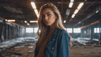 1girl,solo,long hair,looking at viewer,blue eyes,blonde hair,brown hair,jacket,upper body,parted lips,open clothes,indoors,blurry,open jacket,lips,depth of field,blurry background,denim,blue jacket,forehead,freckles,jeans,realistic,nose,leather,denim jacket,shirt,closed mouth,expressionless,thick eyebrows,backlighting,light,photo background,ceiling,ceiling light