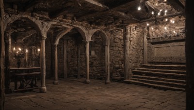 monochrome,indoors,no humans,scenery,stairs,door,light,candle,pillar,statue,ceiling,arch,candlestand,chandelier,column,lantern,railing,tile floor,ruins,stone floor,brick floor