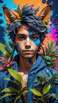 solo,looking at viewer,short hair,blue eyes,black hair,1boy,animal ears,closed mouth,blue hair,collarbone,jacket,upper body,flower,male focus,open clothes,hood,lips,fox ears,eyelashes,leaf,plant,blue jacket,nose,paint splatter,paint,paint splatter on face,artist name,hoodie,hood down,dog ears,extra ears,bodypaint