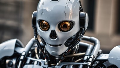 solo,looking at viewer,1boy,upper body,male focus,blurry,orange eyes,no humans,depth of field,blurry background,helmet,robot,portrait,mecha,close-up,1other,science fiction,realistic,cable,straight-on,looking ahead,humanoid robot,shiny,machinery,wire