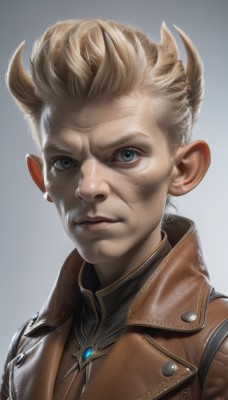 solo,looking at viewer,blue eyes,blonde hair,simple background,1boy,closed mouth,jacket,upper body,male focus,grey background,mole,vest,lips,gradient background,portrait,freckles,high collar,realistic,nose,jewelry,horns,pointy ears,artist name,gradient,mole under eye,watermark,spiked hair,brown jacket,leather,leather jacket