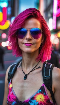 1girl,solo,breasts,looking at viewer,smile,short hair,cleavage,bare shoulders,jewelry,closed mouth,collarbone,swimsuit,upper body,pink hair,bikini,red hair,earrings,small breasts,medium hair,necklace,bag,blurry,lips,makeup,depth of field,blurry background,watermark,piercing,floral print,sunglasses,backpack,lipstick,pendant,eyeshadow,freckles,realistic,nose,stud earrings,tinted eyewear,dirty,blue-tinted eyewear,pink-tinted eyewear,purple-tinted eyewear,outdoors,signature,mole,bikini top only