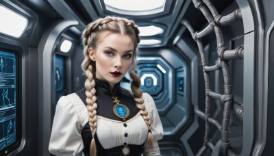 1girl,solo,long hair,breasts,looking at viewer,blue eyes,blonde hair,long sleeves,dress,jewelry,upper body,braid,parted lips,puffy sleeves,twin braids,lips,makeup,lipstick,science fiction,red lips,multicolored hair,indoors,two-tone hair,maid,parody,brooch,hair over shoulder,forehead,eyeshadow,realistic,nose