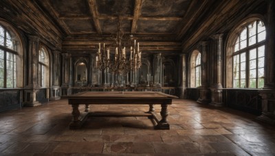 day,indoors,no humans,window,chair,table,sunlight,scenery,light rays,wooden floor,stairs,candle,pillar,church,arch,candlestand,reflective floor,chandelier,column,plant,fantasy,tiles,tile floor,statue