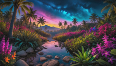 flower, outdoors, sky, cloud, water, tree, no humans, night, plant, star (sky), nature, night sky, scenery, starry sky, reflection, sunset, rock, palm tree