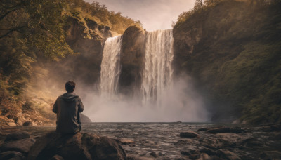 solo, black hair, 1boy, sitting, male focus, outdoors, sky, hood, water, from behind, tree, hood down, nature, scenery, rock, waterfall