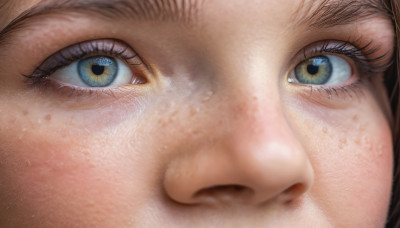 1girl, solo, looking at viewer, brown hair, 1boy, closed mouth, green eyes, male focus, eyelashes, close-up, freckles, realistic, eye focus