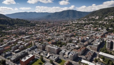 outdoors,sky,day,cloud,tree,blue sky,no humans,from above,building,nature,scenery,forest,mountain,city,horizon,road,cityscape,house,river,landscape,mountainous horizon,rooftop,hill,town,cloudy sky