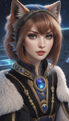 1girl,solo,looking at viewer,smile,short hair,bangs,brown hair,animal ears,brown eyes,jewelry,closed mouth,green eyes,upper body,hairband,cat ears,lips,animal ear fluff,fur trim,fox ears,makeup,lipstick,gem,star (sky),starry sky,red lips,parted lips,sky,artist name,signature,hood,necklace,eyelashes,realistic,nose,space