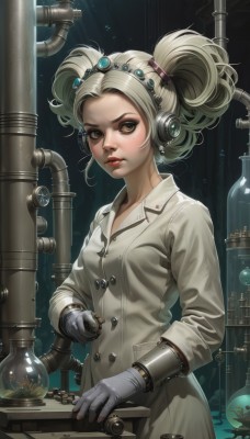 1girl,solo,looking at viewer,blonde hair,hair ornament,gloves,twintails,brown eyes,parted lips,mole,lips,coat,mole under eye,makeup,buttons,headphones,tiara,short twintails,freckles,realistic,labcoat,grey gloves,screw,breasts,jewelry,white gloves,lipstick,nose,red lips