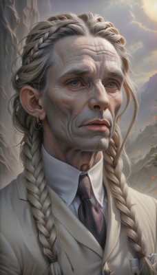 1girl,solo,long hair,looking at viewer,shirt,1boy,jewelry,closed mouth,green eyes,jacket,white shirt,upper body,braid,grey hair,male focus,earrings,outdoors,necktie,sky,collared shirt,cloud,twin braids,lips,grey eyes,formal,moon,suit,portrait,hair over shoulder,black necktie,mountain,realistic,nose,old,white hair,parted lips,facial hair,scar,facial mark,white jacket,cloudy sky,scar on face,old man,old woman,wrinkled skin