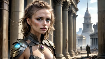 HQ,1girl,long hair,breasts,looking at viewer,short hair,blue eyes,blonde hair,large breasts,cleavage,jewelry,medium breasts,upper body,weapon,outdoors,parted lips,multiple boys,sky,solo focus,day,cloud,necklace,armor,blue sky,lips,scar,cloudy sky,shoulder armor,building,gem,pauldrons,realistic,nose,fantasy,pillar,castle,statue,arch,column,sword,architecture