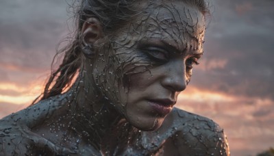 solo,long hair,1boy,closed mouth,male focus,outdoors,sky,cloud,blurry,lips,wet,blurry background,cloudy sky,portrait,realistic,1girl,water,grey eyes,colored skin,close-up,scales