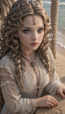 1girl,solo,long hair,breasts,looking at viewer,blue eyes,blonde hair,hair ornament,long sleeves,dress,cleavage,jewelry,medium breasts,upper body,earrings,outdoors,parted lips,day,water,necklace,white dress,blurry,tree,lips,grey eyes,book,depth of field,blurry background,ocean,wavy hair,beach,drill hair,gem,pendant,freckles,curly hair,circlet,realistic,sand,palm tree,ringlets,brown hair,sitting,braid,nail polish,fingernails,see-through,eyelashes,watermark,blouse,open book,nose,multiple braids