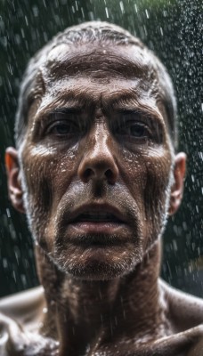 solo,looking at viewer,1boy,closed mouth,collarbone,white hair,male focus,water,black eyes,lips,wet,facial hair,portrait,beard,rain,realistic,mustache,bald,manly,old,old man,teeth,close-up