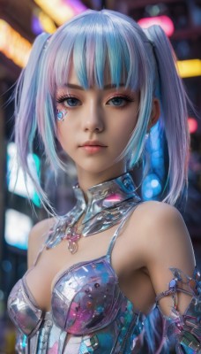 1girl,solo,breasts,looking at viewer,short hair,bangs,blue eyes,cleavage,bare shoulders,twintails,jewelry,medium breasts,closed mouth,blue hair,upper body,multicolored hair,earrings,small breasts,blunt bangs,armpits,blurry,two-tone hair,lips,streaked hair,eyelashes,makeup,detached collar,blurry background,facial mark,science fiction,realistic,nose,cyborg,cyberpunk,heart,shiny,necklace,armor,depth of field,watermark,armlet