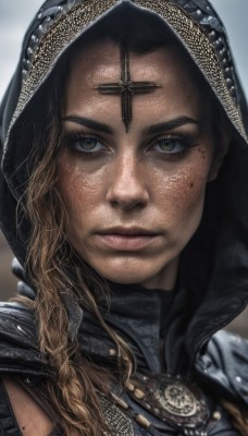 1girl,solo,long hair,looking at viewer,blonde hair,brown hair,black hair,brown eyes,jewelry,closed mouth,braid,hood,necklace,armor,mole,dark-skinned female,lips,cross,portrait,close-up,hood up,freckles,realistic,nose,chainmail,eyelashes