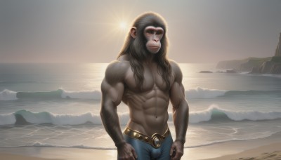 solo,long hair,looking at viewer,black hair,1boy,navel,closed mouth,nipples,male focus,cowboy shot,outdoors,belt,pants,water,muscular,facial hair,ocean,beach,abs,sunglasses,pectorals,muscular male,beard,topless male,sunset,realistic,sand,sun,manly,chest hair,brown hair,sky,sunlight,bara,backlighting,veins,bulge,sunrise