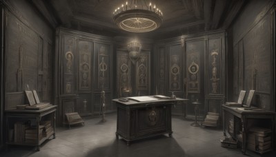 indoors,book,no humans,shadow,chair,table,scenery,desk,paper,door,clock,bookshelf,light,lamp,candle,book stack,library,quill,candlestand,chandelier,wooden floor,tiles,tile floor,ceiling,drawer,cabinet