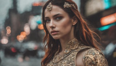 1girl,solo,long hair,looking at viewer,brown hair,hair ornament,brown eyes,jewelry,closed mouth,upper body,armor,blurry,lips,makeup,depth of field,blurry background,gem,portrait,circlet,realistic,nose,outdoors,necklace